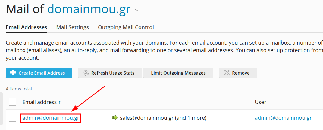 Επιλογή λογαριασμού email admin@domainmou.gr.