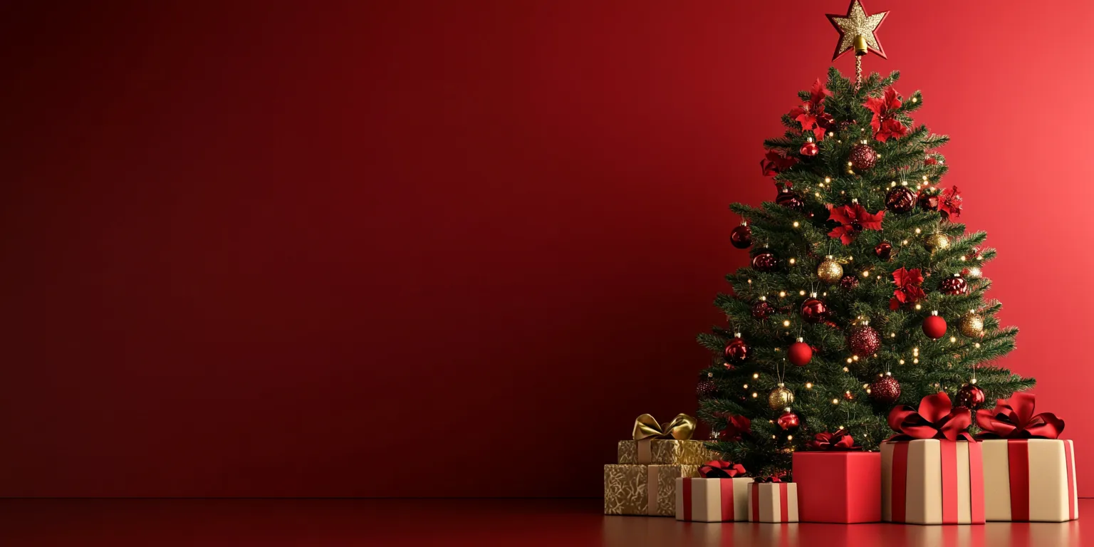 Christmas tree with presents in a red background